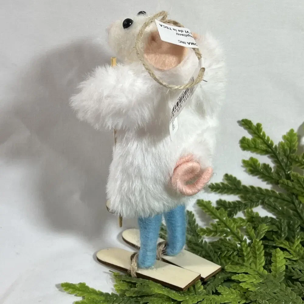 West Elm Felt Mouse Skier Christmas Ornament Furry White Coat Skiing Ski